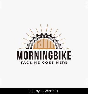 Minimalistisches Fahrrad, Fahrrad, Fahrradladen, Fahrrad Club Logo Icon Vektor Illustration mit Ausrüstung. Ketten und Morgensonnenaufgang. Stock Vektor