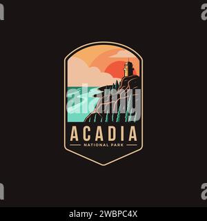 Emblem Patch Logo-Illustration des Acadia-Nationalparks auf dunklem Hintergrund Stock Vektor