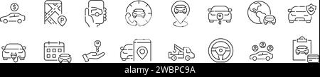 Eine Reihe von Symbolen für Autovermietung. Callcenter-Support, Fahrzeugstandorte, Kalender und Kartenzahlung. Symbol für perfekte Pixel Stock Vektor