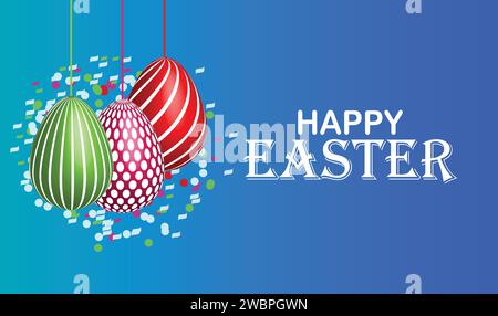 Frohe Ostern Grußkarte mit bunten Eiern auf blauem Hintergrund. Grüße und Geschenke zum Ostertag. Werbeaktion und Einkaufsvorlage für Ostern. Stock Vektor