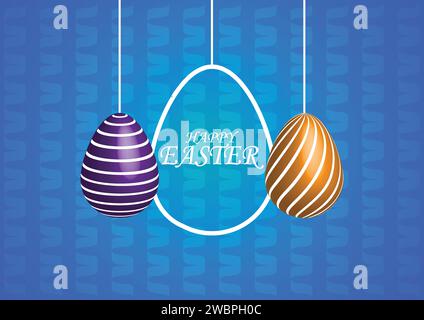 Glückliche Osterkarte mit Eiern, die über blauem Hintergrund hängen. Grüße und Geschenke zum Ostertag. Werbeaktion und Einkaufsvorlage für Ostern. Vektor Stock Vektor