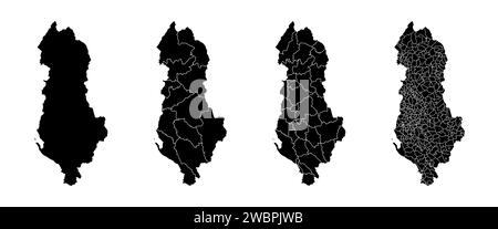 Satz von Staatskarten Albaniens mit Regionen und Gemeinden. Abteilungsgrenzen, isolierte Vektorkarten auf weißem Hintergrund. Stock Vektor