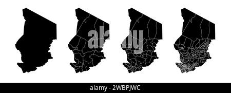 Set von Staatskarten des Tschad mit Regionen und Gemeinden. Abteilungsgrenzen, isolierte Vektorkarten auf weißem Hintergrund. Stock Vektor