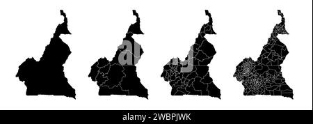 Set von Staatskarten Kameruns mit Regionen und Gemeinden. Abteilungsgrenzen, isolierte Vektorkarten auf weißem Hintergrund. Stock Vektor