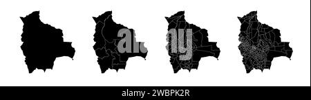 Satz von Staatskarten Boliviens mit Regionen und Gemeinden. Abteilungsgrenzen, isolierte Vektorkarten auf weißem Hintergrund. Stock Vektor