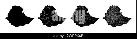 Set von Staatskarten Äthiopiens mit Regionen und Gemeinden. Abteilungsgrenzen, isolierte Vektorkarten auf weißem Hintergrund. Stock Vektor