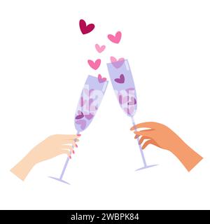 Vektorillustration von Sektgläsern mit Herzen. Liebende feiern den valentinstag. Stock Vektor