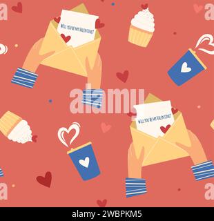 Nahtloses Muster zum Valentinstag. Liebesbotschaft, süßer Cupcake und wärmender Kaffee mit Herzen. Vektorabbildung Stock Vektor