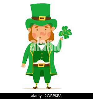 Lustiger und süßer Kobold mit vierblättrigem Kleeblatt. Vektoranillistration für St.. Patrick's Day. Mann in grünem Anzug und Hut Stock Vektor