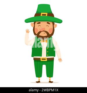 Lustiger und süßer Kobold mit braunem Bart für St. Patrick's Tag in grünem Anzug und Hut. Vektorabbildung Stock Vektor