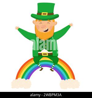 Fröhlicher und fröhlicher Kobold sitzt auf einem bunten Regenbogen. St. Patrick's Day. Vektorillustration auf weißem Hintergrund Stock Vektor