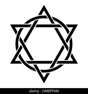 Symbol eines Hexagramms mit verschränkten Kreisen. Zwei Dreiecke, die mit einem Kreis verflochten sind. Christliches Emblem, das die Dreifaltigkeit repräsentiert. Stockfoto