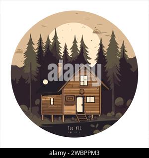 Logovorlage für Holzkabine. Vektordarstellung der Hütte im Wald. Logo der Hüttenvermietung. Chalet in the Forest Aufkleber. Stock Vektor