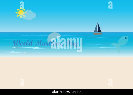 Meereslandschaft mit Boot, Sand, Fischen und Quallen und dem Text World Maritime Day Stock Vektor