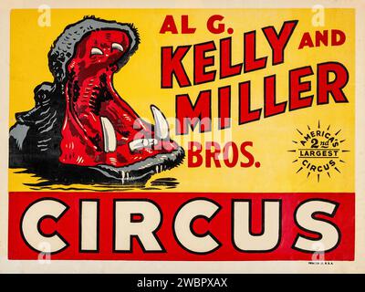 Kelly und Miller Bros. Zirkusplakat (AI G. Kelly & Miller Bros., 1950er) mit einem Nilpferd Stockfoto