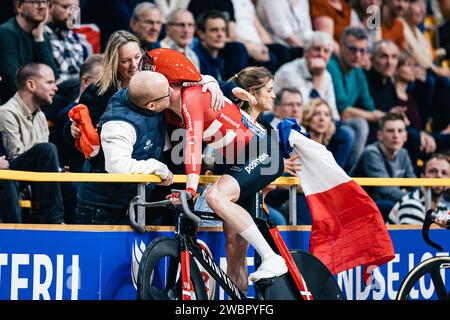 Apeldoorn, Niederlande. Januar 2024. Foto von Alex Whitehead/SWpix.com - 11/01/2024 - Radfahren - UEC Track Elite Europameisterschaft 2024 - Omnisport, Apeldoorn, Niederlande - Madison für Herren - Theodor Storm of Denmark Credit: SWpix/Alamy Live News Stockfoto