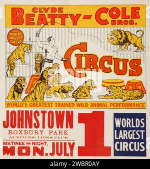 Wildtiertrainer Clyde Beatty – Cole Brothers Circus (Johnstown, Roxbury Park, 1. Juli 1957). Zirkusplakat Stockfoto