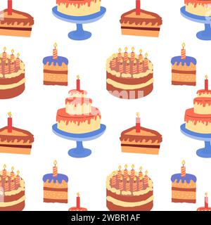 Cartoon Kuchen Desserts nahtloses Muster. Vektorillustration auf weißem Hintergrund. Großer Kuchen auf blauem Teller. Stock Vektor