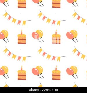 Geburtstag nahtloser Hintergrund mit Zeichentrickkuchen, Ballon, Fahnen. Vektorabbildung Stock Vektor