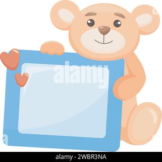 Teddybär hält einen leeren Bilderrahmen im Cartoon-Stil. Niedliche Baby-Illustration mit Teddybär und Kopierraum, Vektor-Illustration Stock Vektor