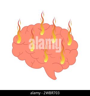 Brennendes Gehirn. Menschliches Gehirn in einer Feuerflamme. Vektorillustration, Logo, Symbol auf weißem Hintergrund. Stock Vektor