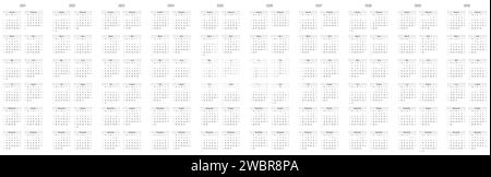 Satz von Monatskalendern für die Jahre 2021 bis 2030. Die Woche beginnt am Sonntag. Monatsblock in sechs Reihen und zwei Spalten vertikal angeordnet. Schlichtes, dünnes, minimalistisches Design. Vektorabbildung. Stock Vektor