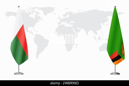 Madagaskar und Sambia Flaggen für offizielle Treffen vor dem Hintergrund der Weltkarte. Stock Vektor