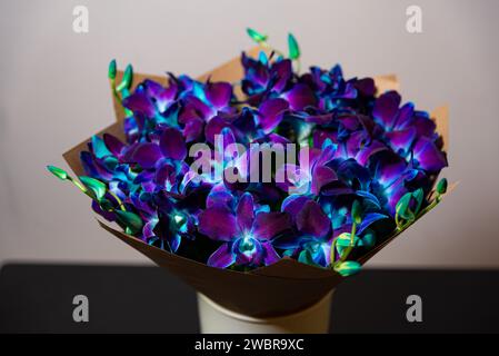 Ein atemberaubender Blumenstrauß aus blauen und violetten Orchideen, in braunem Papier gewickelt, präsentiert in einer Vase vor neutralem Hintergrund, ideal für besondere Anlässe. Stockfoto