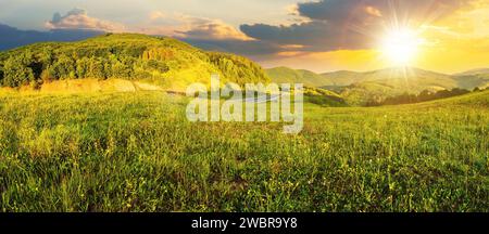 Asphaltstraße, die sich durch Berge schlängelt und bei Sonnenuntergang in der Nähe des grünen Waldes vorbeiführt. Wunderschöne Landschaft mit grünen Wiesen und bewaldeten Hügeln Stockfoto