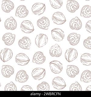 Nahtloses Muster in Walnusskunst. Handgezeichnete Nüsse Illustration für Druck, Stoff, Textil, Verpackung, Menü, Lebensmittelgeschäft. Vektorabbildung auf A Stock Vektor