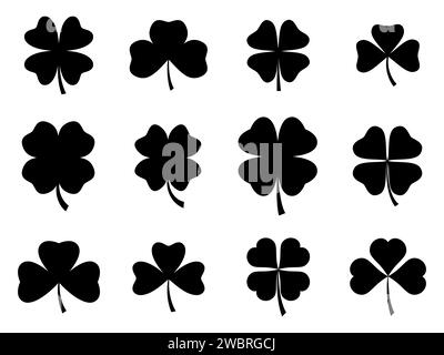 Symbolgruppe Kleeblätter isoliert auf weißem Hintergrund. Schwarze Silhouetten von Klee für St. Patrick's Day. Vierblättrige und dreiblättrige Kleeblätter für guten luc Stock Vektor