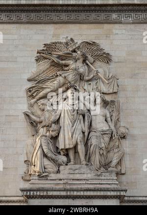 Frankreich, Paris - 03. Januar 2024 - Detail einer Skulpturengruppe ist ein monumentales Steinhochrelief. Ist die berühmteste Statue, die allgemein als der Triumph bekannt ist Stockfoto