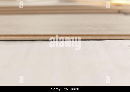 Laminat-Vinylboden, Hausverbesserung, neue Bodeninstallation Laminat-Vinylboden, Hausverbesserung, neue Bodeninstallation Stockfoto