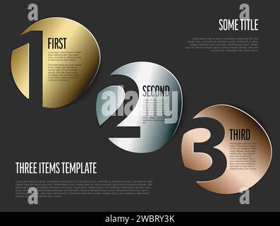 Goldene silberne und bronzene metallische Kreisetiketten mit großen Zahlen als Schrittpositionen oder Optionen. Einfache metallische Infografik mit drei Elementen auf dar Stock Vektor