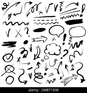 Set von Kritzelei handgezeichneter Holzkohle-Pastellzeiger, Pfeile, Schilder. Vektorillustration der Hervorhebung von Holzkohlebleistiften Stock Vektor