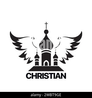 Christian Logo Vorlage mit Kirche, Tempel und Taubenflügel. Schwarzes und weißes christliches Symbol. Taubenflügel und Kirchturmlogo Stock Vektor