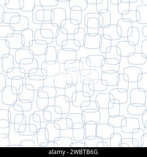 Abstrakter Hintergrund - nahtloses Modemuster. Sich schneidende geometrische Formen von ineinander verflochtenen Linienarten. Retro-Stoffdruck mit Vektormuster. Blau und weiß. Stock Vektor