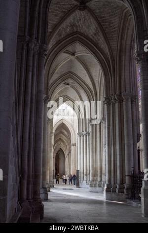 Die Anordnung der massiven Säulen, die die gerippten Gewölbe der Seitenschiffe in der Kathedrale St. Peter und St. Paul, Troyes, Frankreich, stützen, Zwergbesucher. Stockfoto