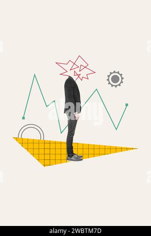 Vertikales Collage-Bild von gemaltem Chaos statt Kopf elegante Mann Zahnradgetriebe Handelsgrafik isoliert auf weißem kreativen Hintergrund Stockfoto
