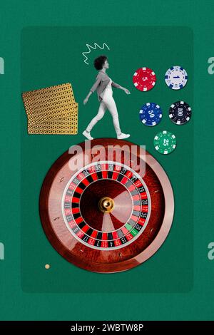 Vertikale kreative Fotocollage einer schwarzen weißen Gamma-Miniatur-Frau, die auf Roulette-Rad geht, Casino-Spieler Freizeit-Suchtglücksgewinner Stockfoto