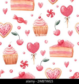 Handgezeichnetes Aquarellmuster mit Süßigkeiten wie Kuchen, Lutscher, Cupcake, Keks. Cartoon-Tapete in rot, rosa Farben zum Valentinstag Stockfoto