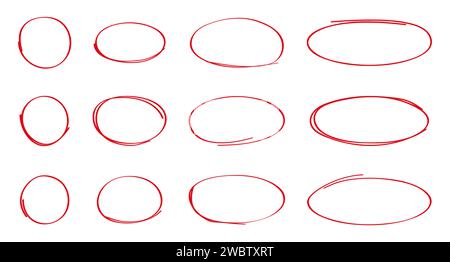 Oval, Kreislinie, Grundierungsvektor im Skizzenstil festgelegt. Rote Rahmen im handgezeichneten Stil. Stock Vektor