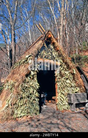 Holzkohlevorbereitung in Japan die Blätter bedeckten Holzkohlebrenner Hütte mit Wasserkocher und offenem Feuer Stockfoto