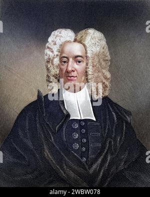 Cotton Mather, 1663 bis 1728, amerikanischer puritanischer geistlicher Kupferstich aus dem neunzehnten Jahrhundert, Historisch, digital restaurierte Reproduktion von einer Vorlage aus dem 19. Jahrhundert, Datum nicht angegeben Stockfoto