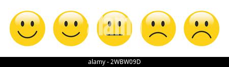 3D Rating Emojis in gelber Farbe eingestellt. Feedback Emoticons Sammlung. Exzellentes, gutes, neutrales, schlechtes und sehr schlechtes Emoji-Symbol-Set. Stock Vektor