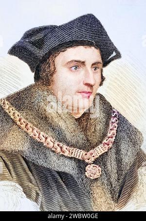 Sir Thomas More alias Saint Thomas More, 1477-1535, englischer humanistischer Staatsmann und Kanzler von England, Illustration aus Old England's Worthies, erschienen um 1880, Historisch, digital restaurierte Reproduktion von einer Vorlage aus dem 19. Jahrhundert, Datum nicht angegeben Stockfoto