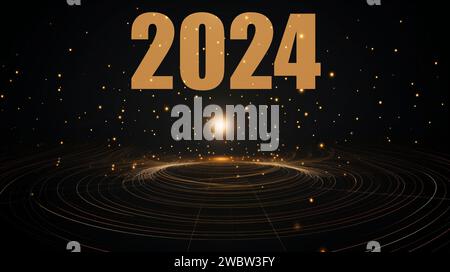 Neujahr 2024 mit abstraktem, glänzendem goldenem Wellendesign mit Punktraster und Glitzereffekt auf schwarzem Hintergrund. Stilvolles Banner, Hologramm. Stockfoto