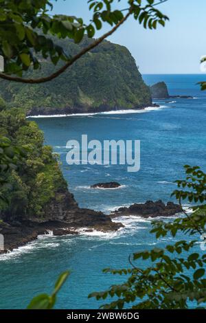 Mit Blick auf den ruhigen Pazifik, die üppigen Küstenklippen von Maui offenbaren die atemberaubende Schönheit entlang der Road to Hana. Stockfoto