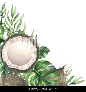Kokosnüsse ganz, Hälften und Stücke mit hellen, grünen, tropischen Palmenblättern. Handgezeichnete Aquarellillustration. Vorlagenrahmen isoliert vom Stockfoto