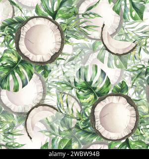 Kokosnüsse ganz, Hälften und Stücke mit hellen, grünen, tropischen Palmenblättern und gelben Plumerieblättern. Handgezeichnete Aquarellillustration. Nahtlos Stockfoto